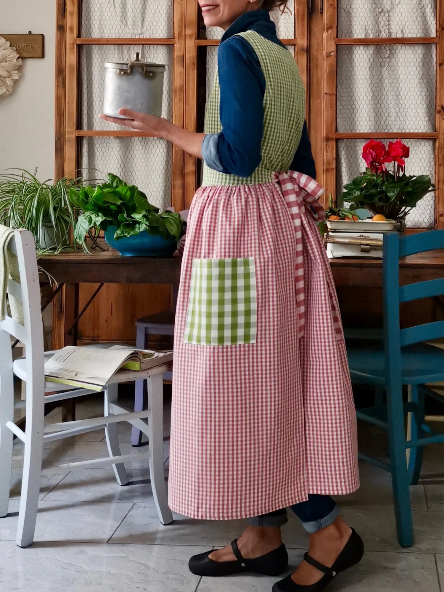 Pink and Green Checked Patchwork Cotton Apron