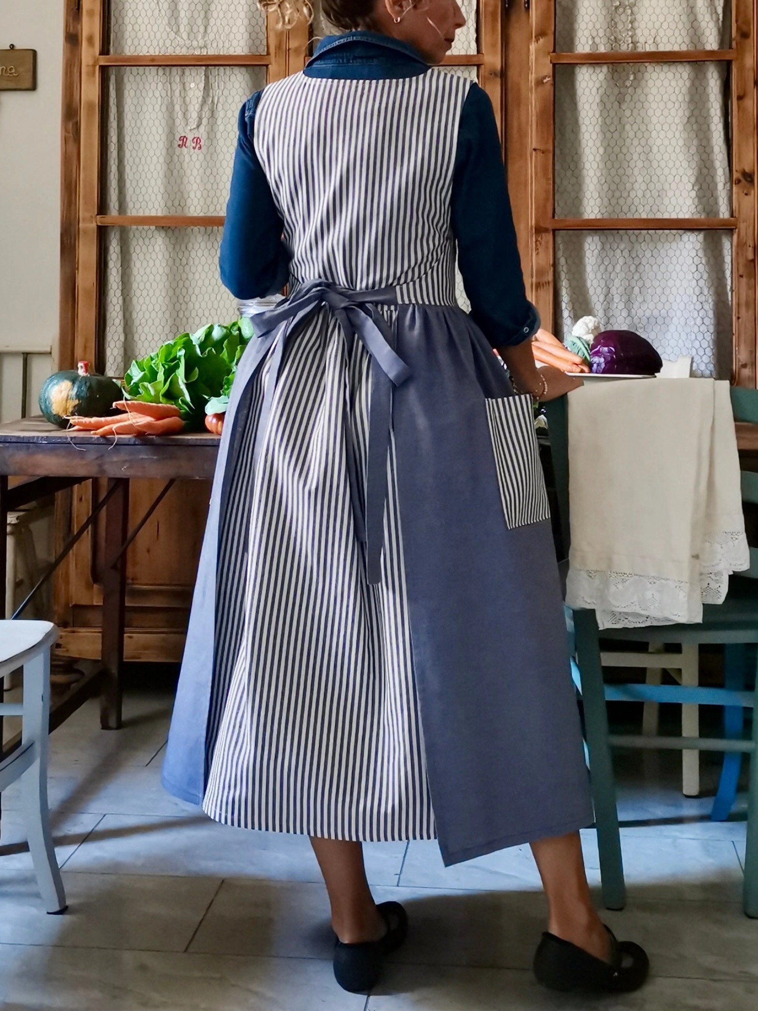 Blue/Striped Cotton Patchwork Apron