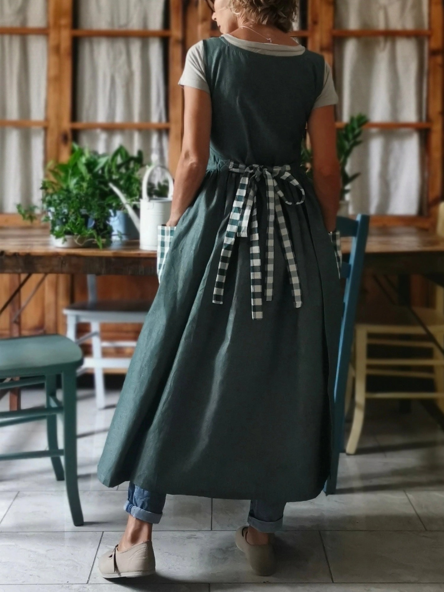 Dark Green and Checked Cotton Apron