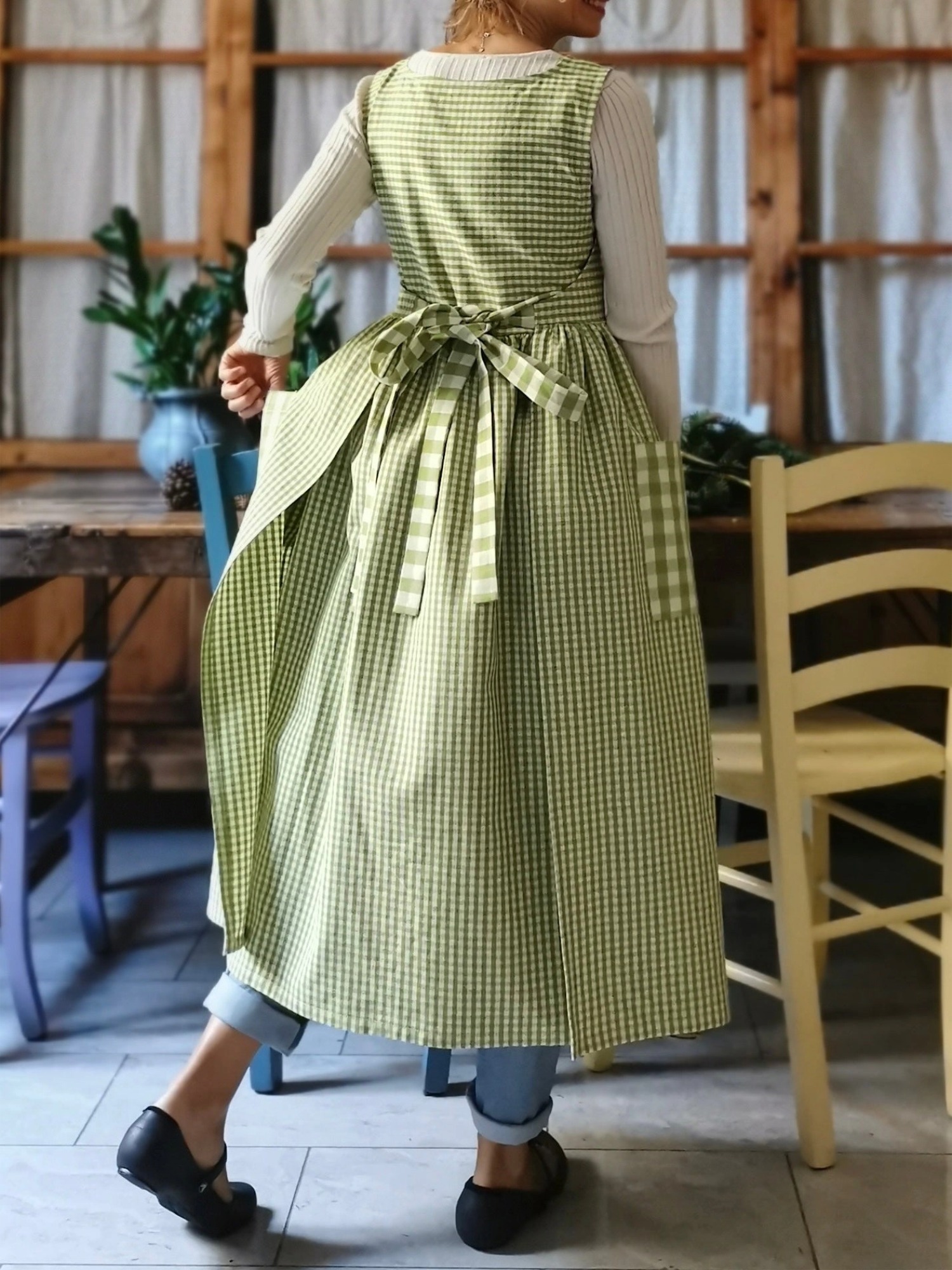 Green Checked Cotton Apron