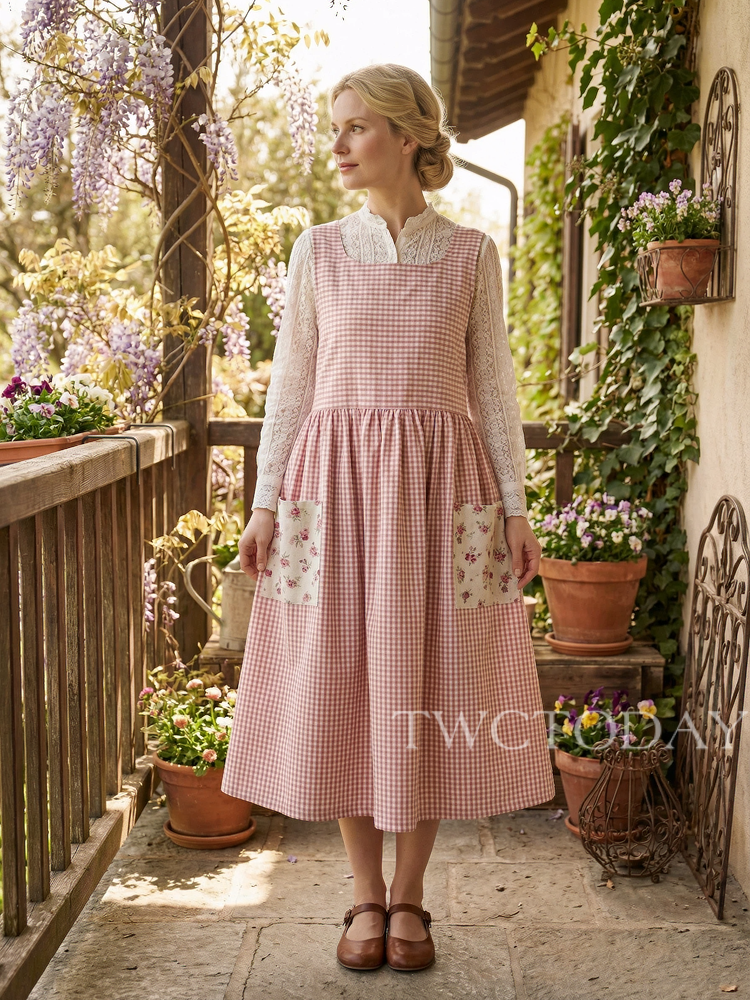 Vintage Pink & White Plaid Long Apron with Floral Pockets