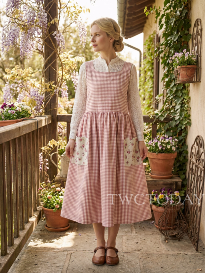 Vintage Pink & White Plaid Long Apron with Floral Pockets