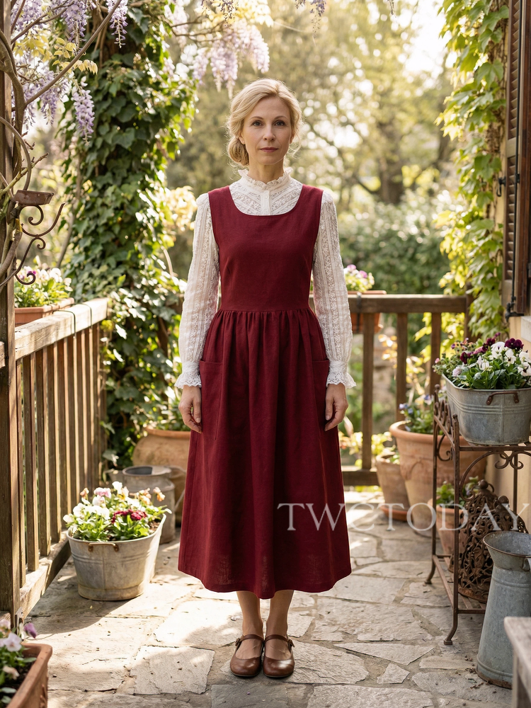 Vintage Burgundy Solid Long Apron