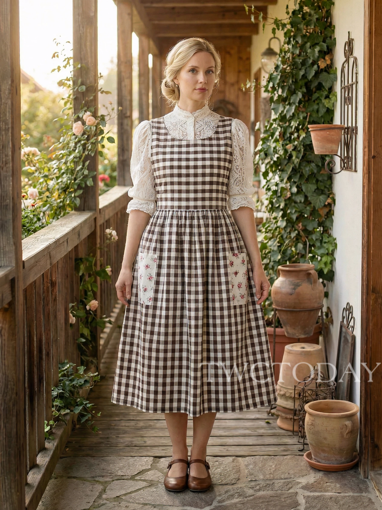 Vintage Brown & White Plaid Long Apron with Floral Pockets