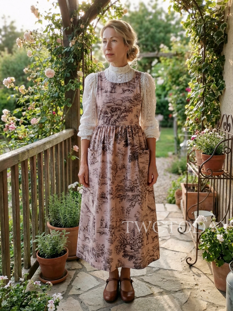 Vintage Pink Base Pastoral Landscape Print Long Apron