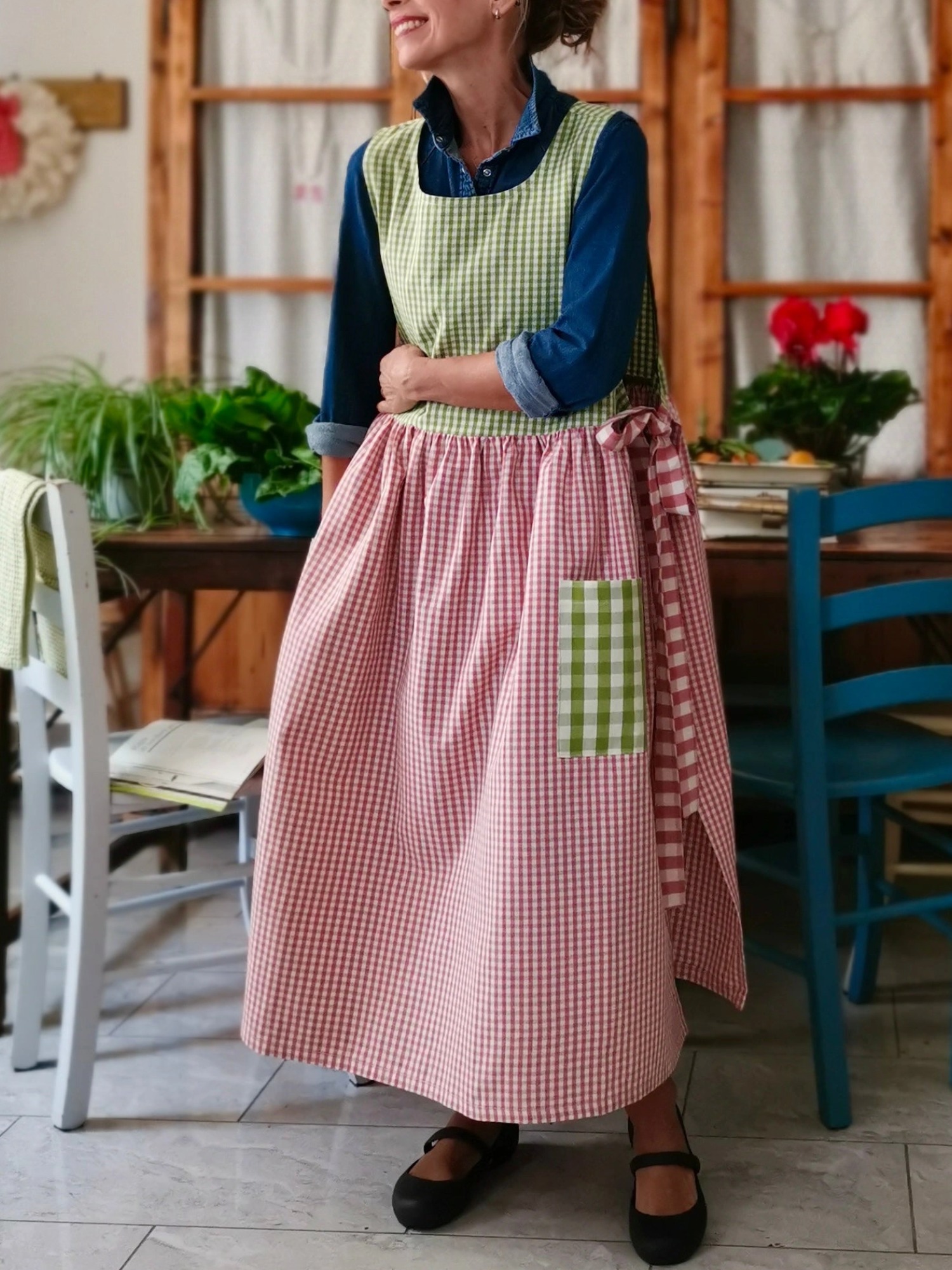Pink and Green Checked Patchwork Cotton Apron