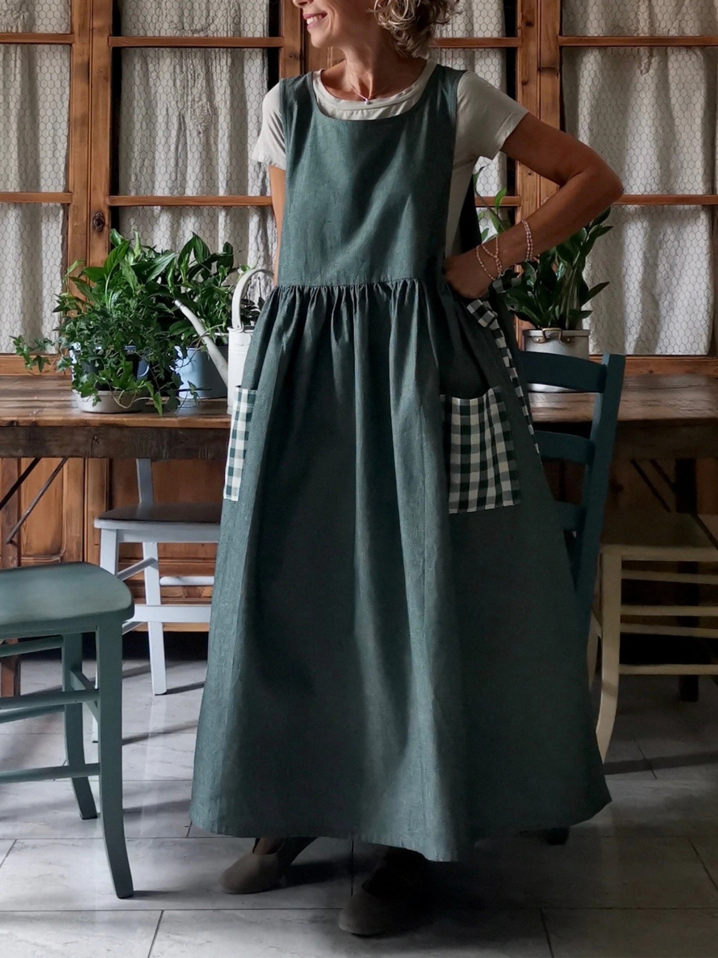 Dark Green and Checked Cotton Apron