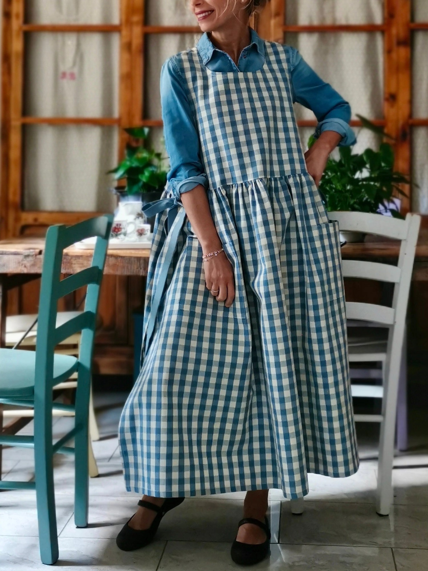 Dusty Blue Checked Apron