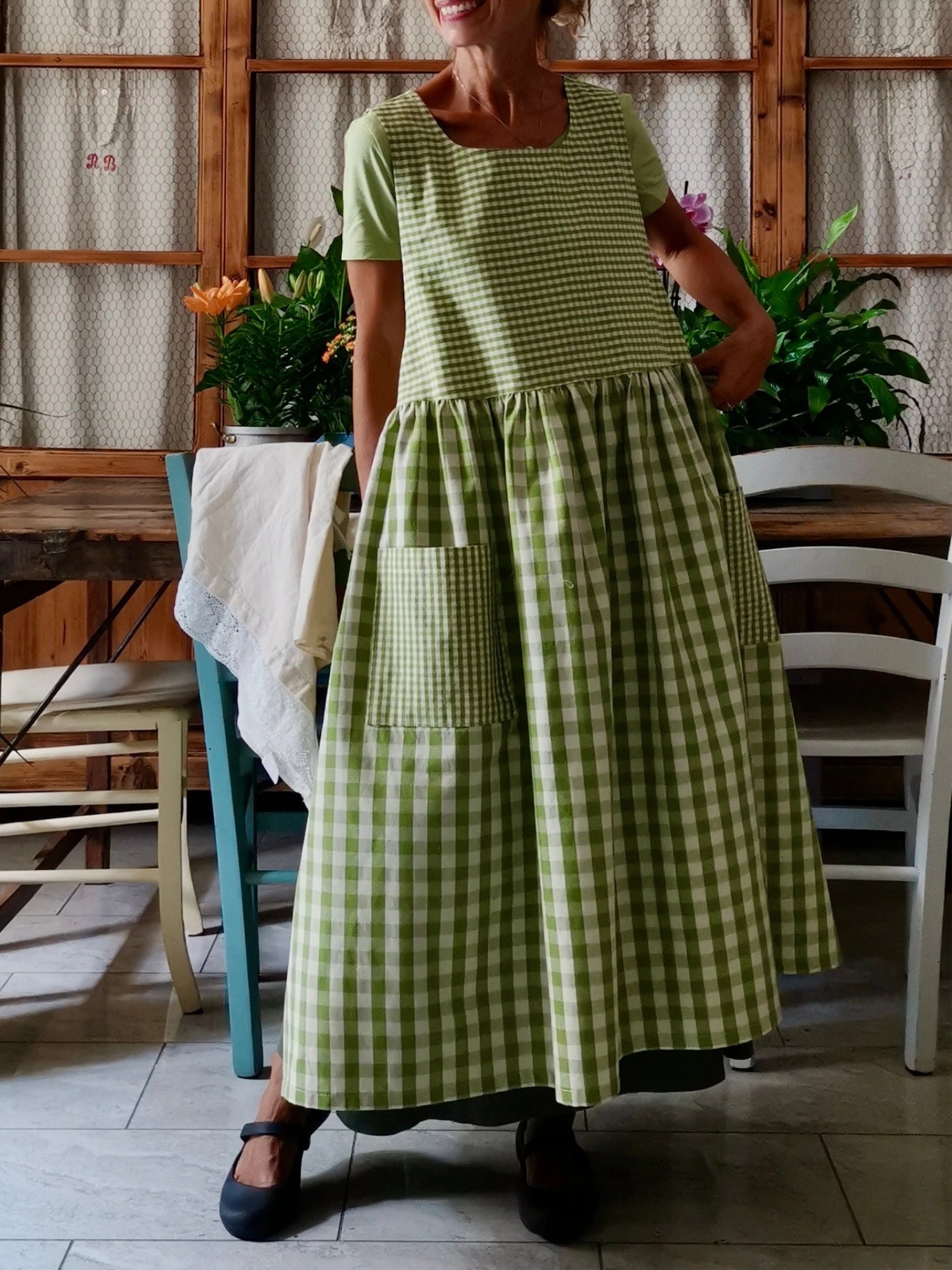 Green Patchwork Checkered Cotton Apron