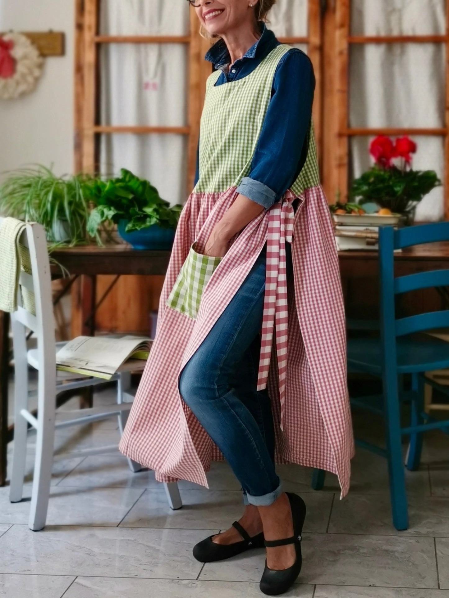 Pink and Green Checked Patchwork Cotton Apron