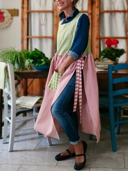 Pink and Green Checked Patchwork Cotton Apron