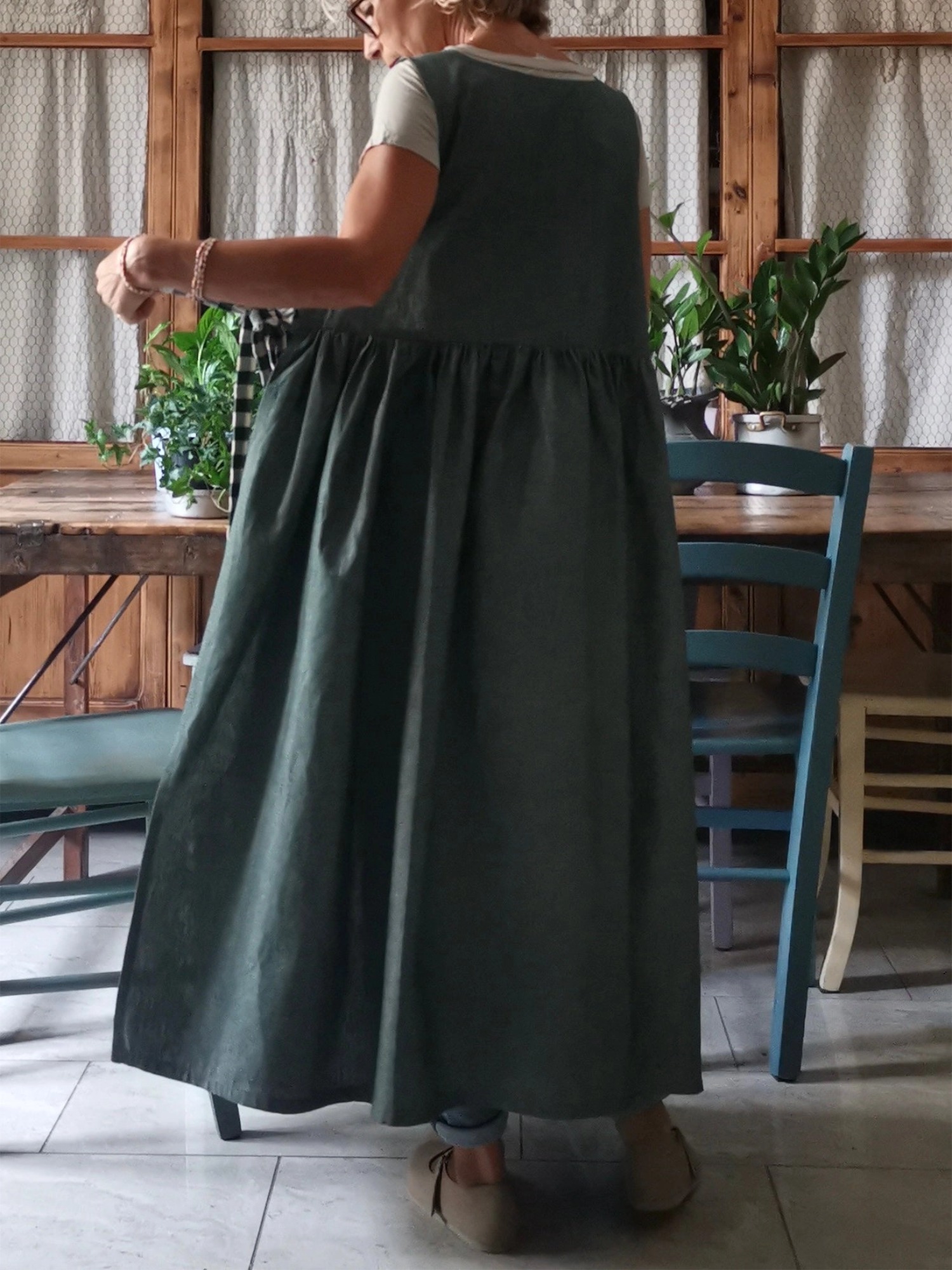 Dark Green and Checked Cotton Apron