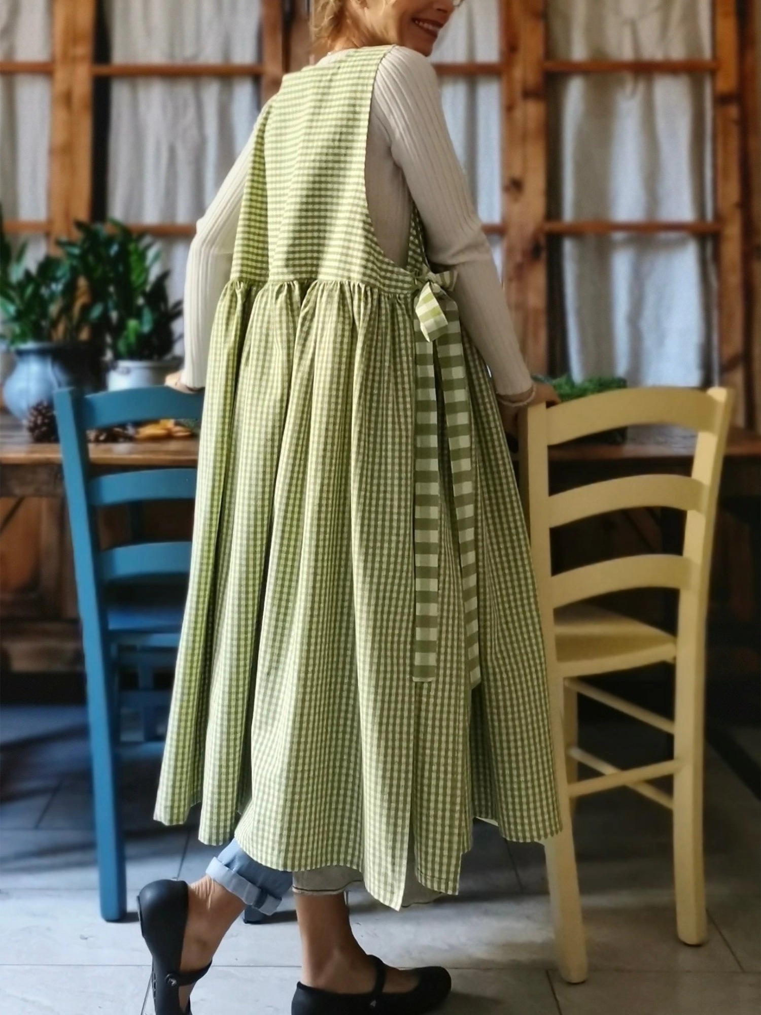 Green Checked Cotton Apron