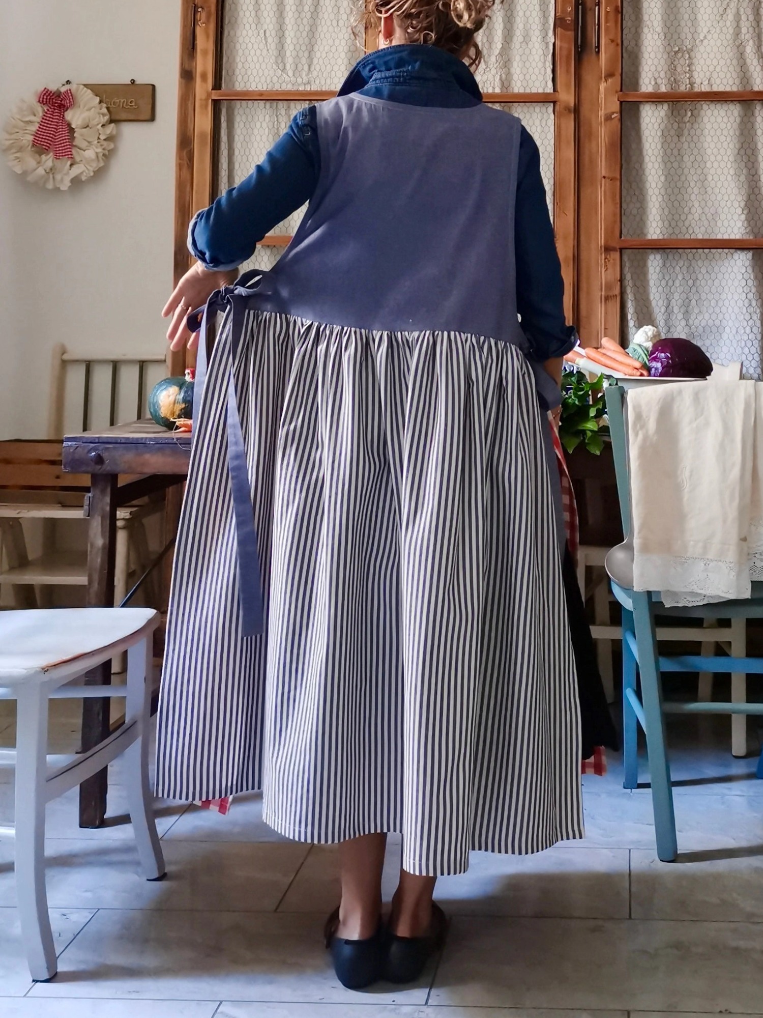 Blue and Red Striped and Checked Patchwork Apron