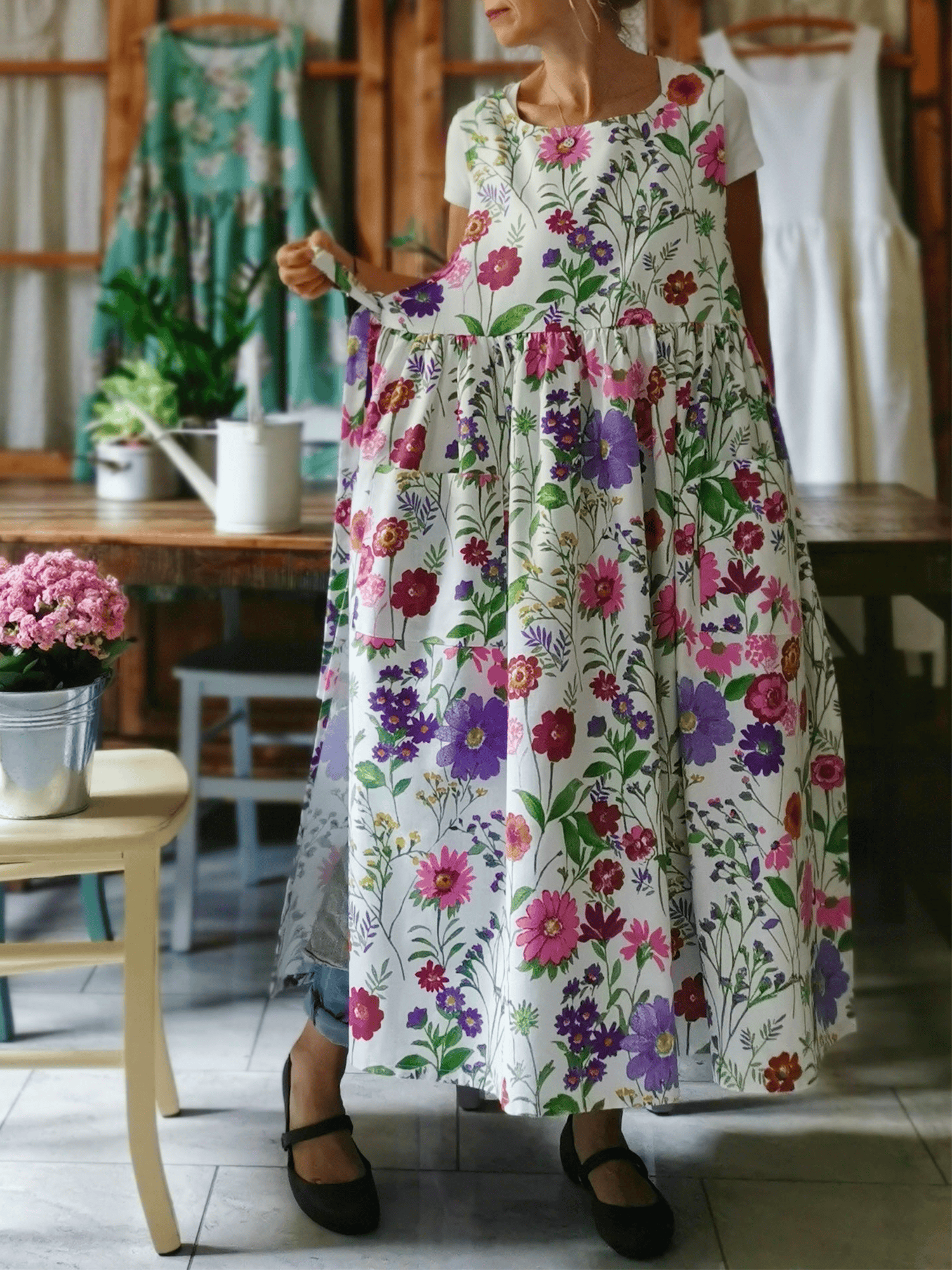 Cotton Apron with Summer Flowers
