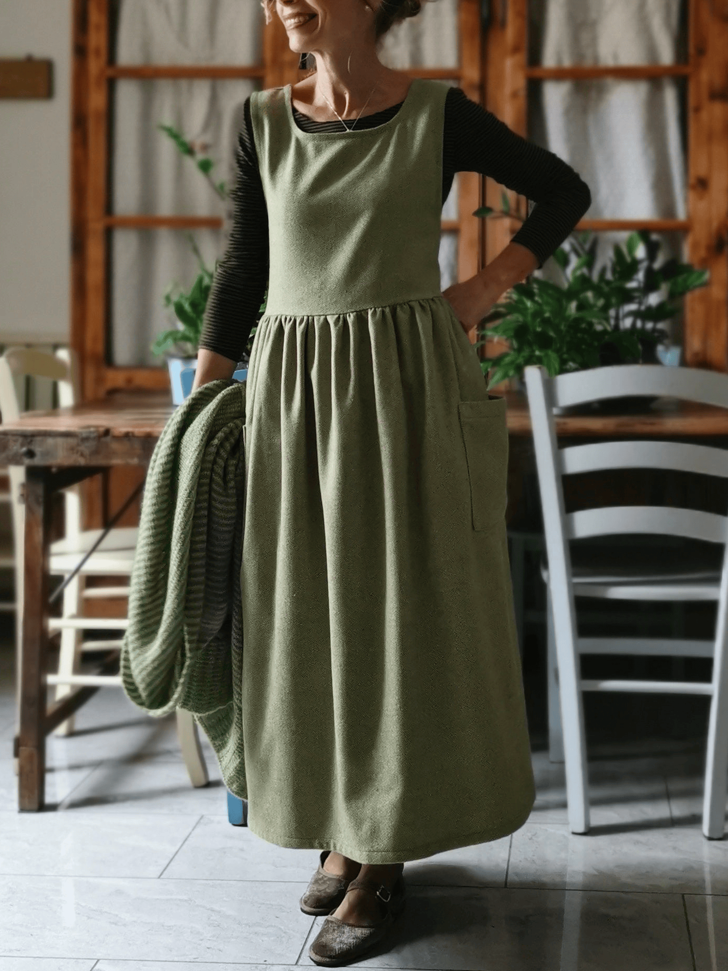 Green and Hazelnut Cotton Apron