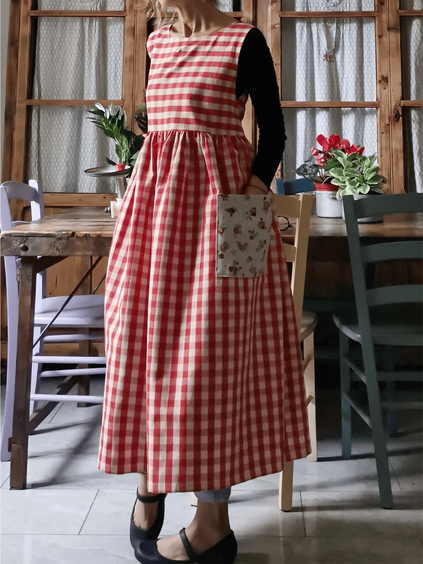 Red Plaid Cotton Apron with Floral Pocket
