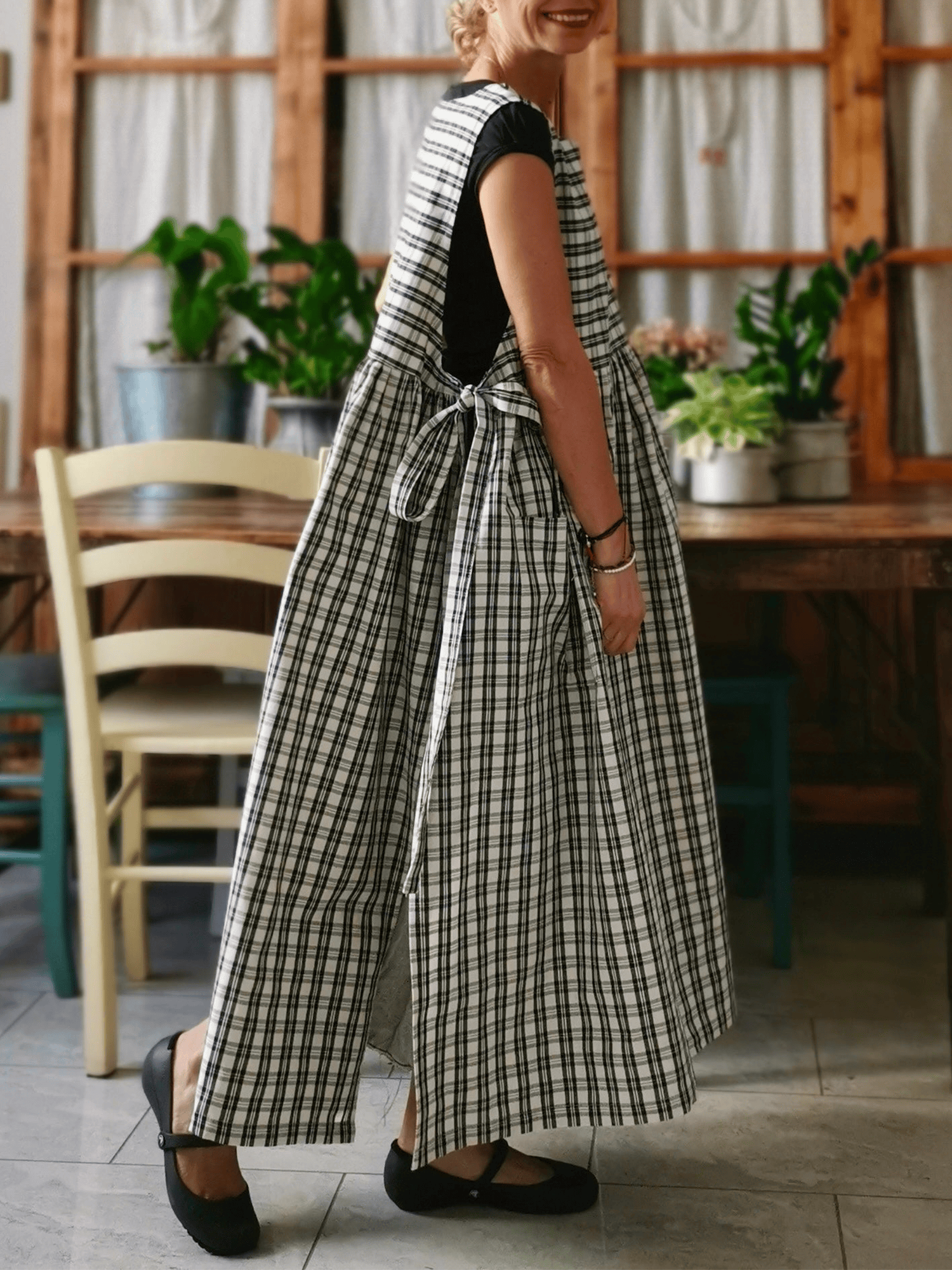 Black and Cream Tartan Check Cotton Apron
