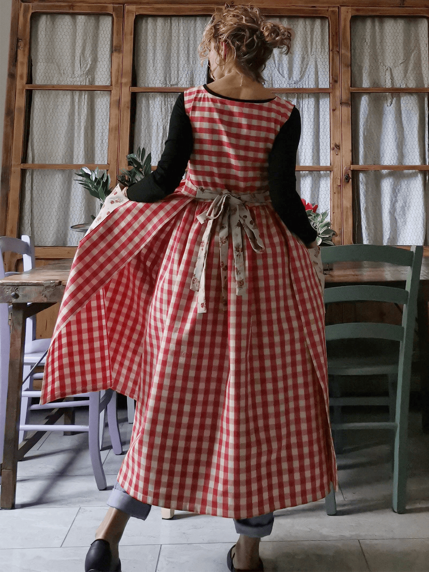 Red Plaid Cotton Apron with Floral Pocket