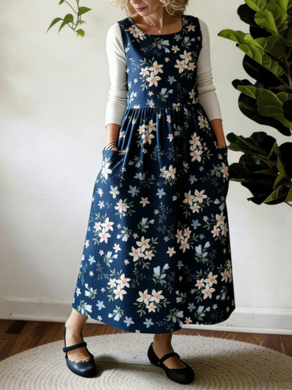 Blue Background White Flowers Printed Apron