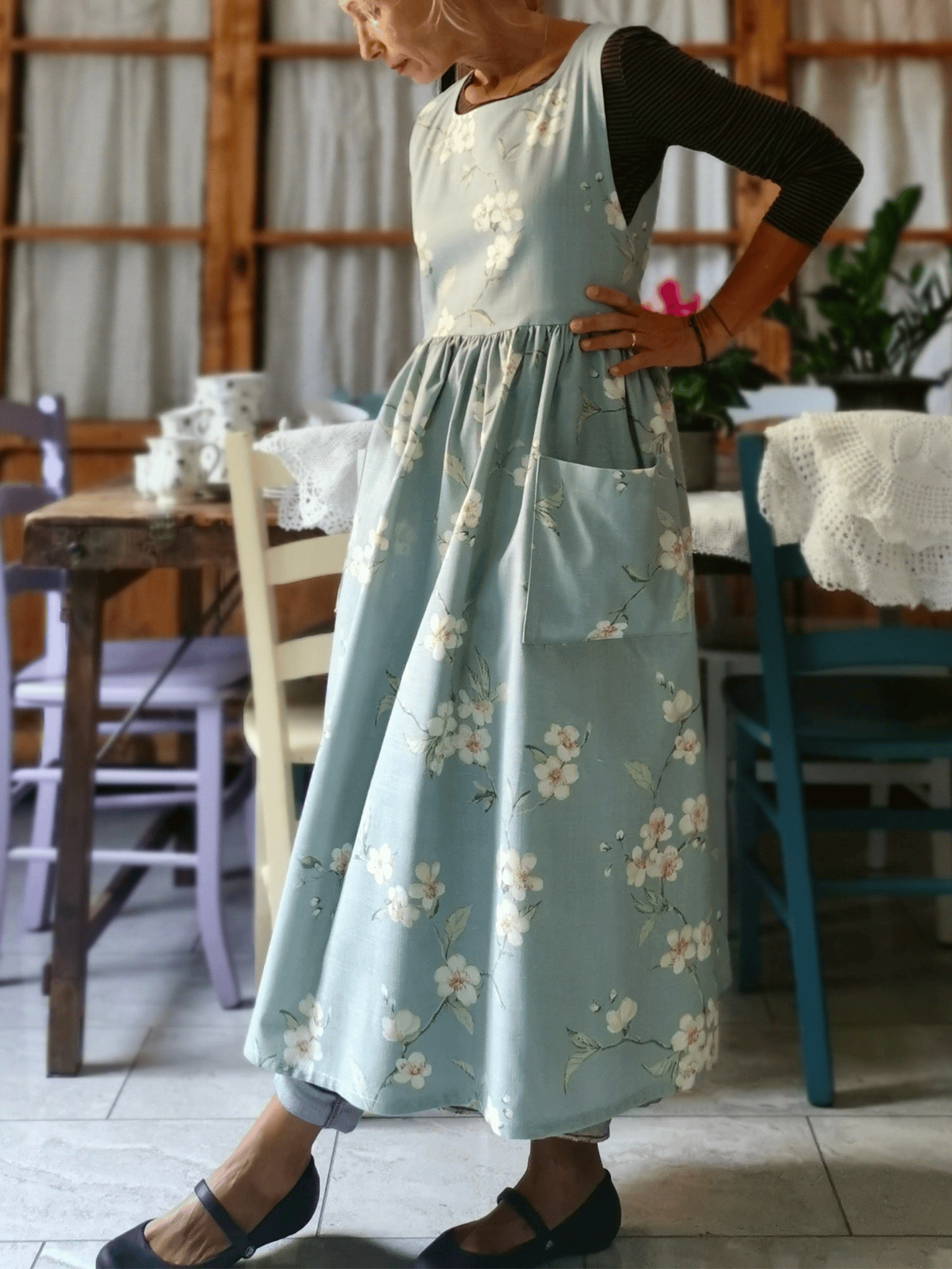 Vintage Light Blue Floral Apron