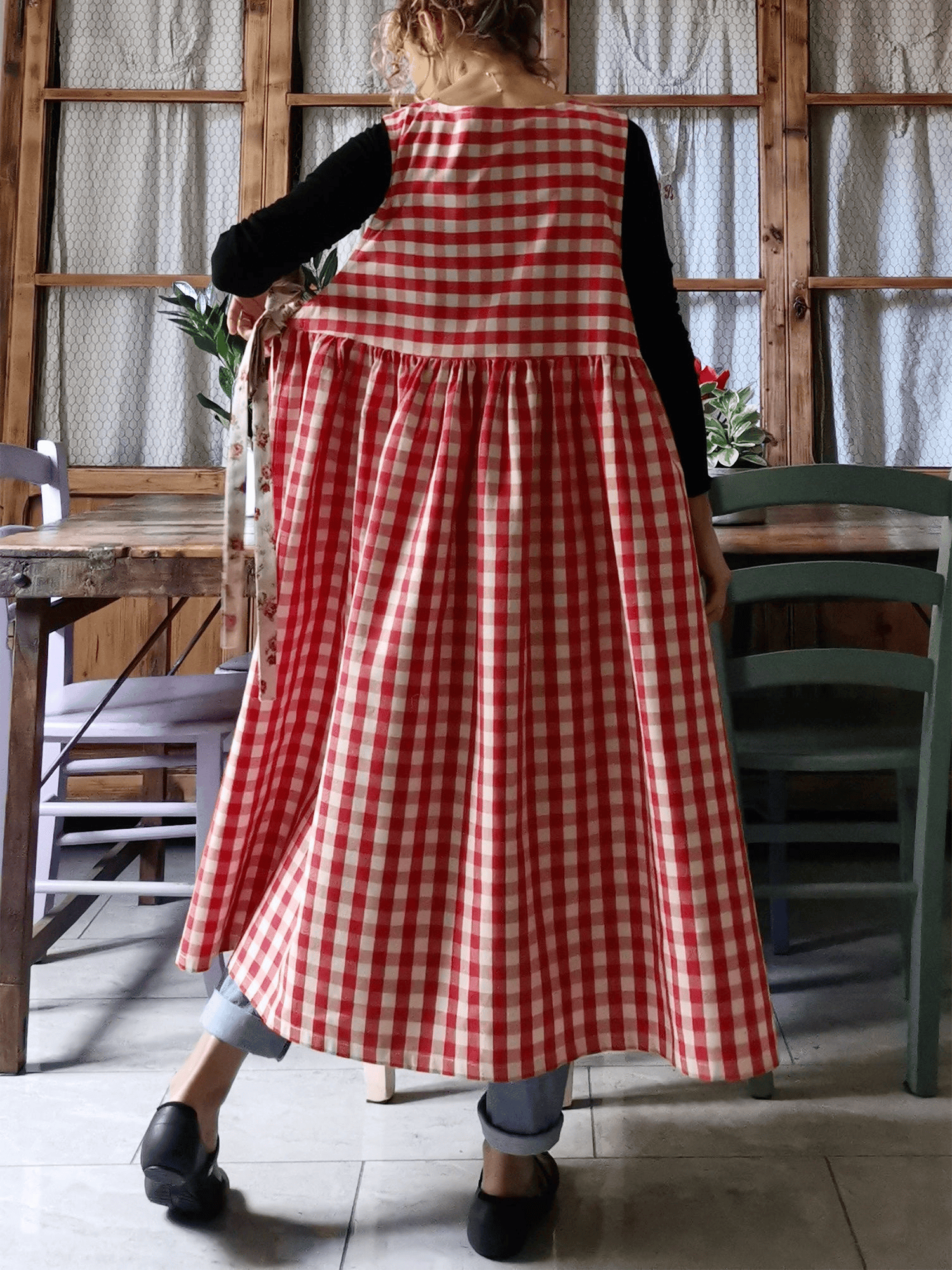 Red Plaid Cotton Apron with Floral Pocket
