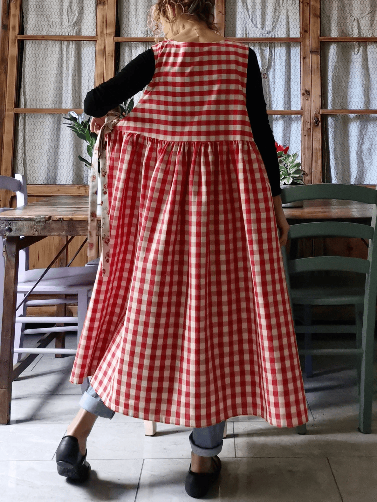 Red Plaid Cotton Apron with Floral Pocket