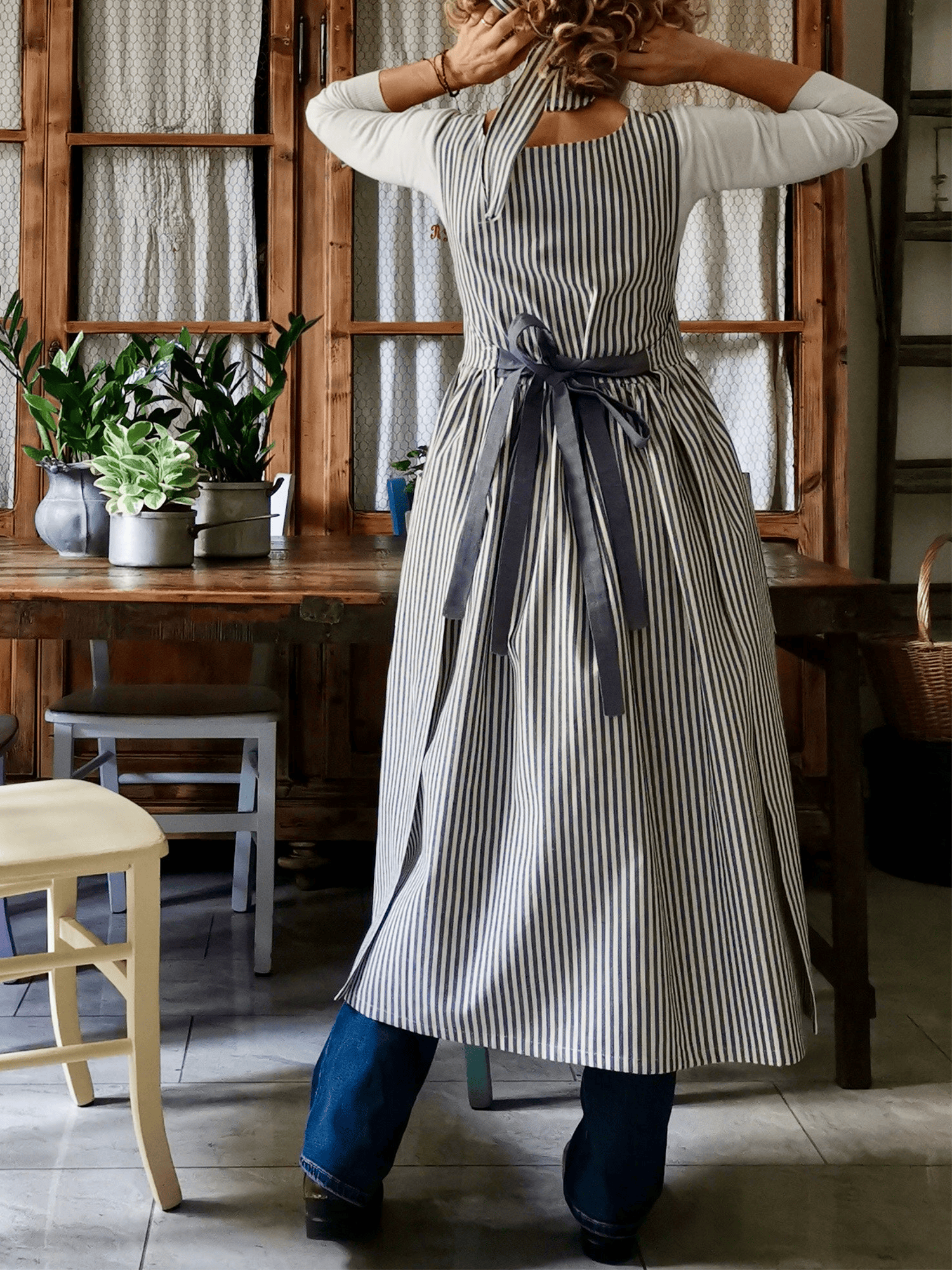 Kitchen Apron for Women in Blue Striped Cotton