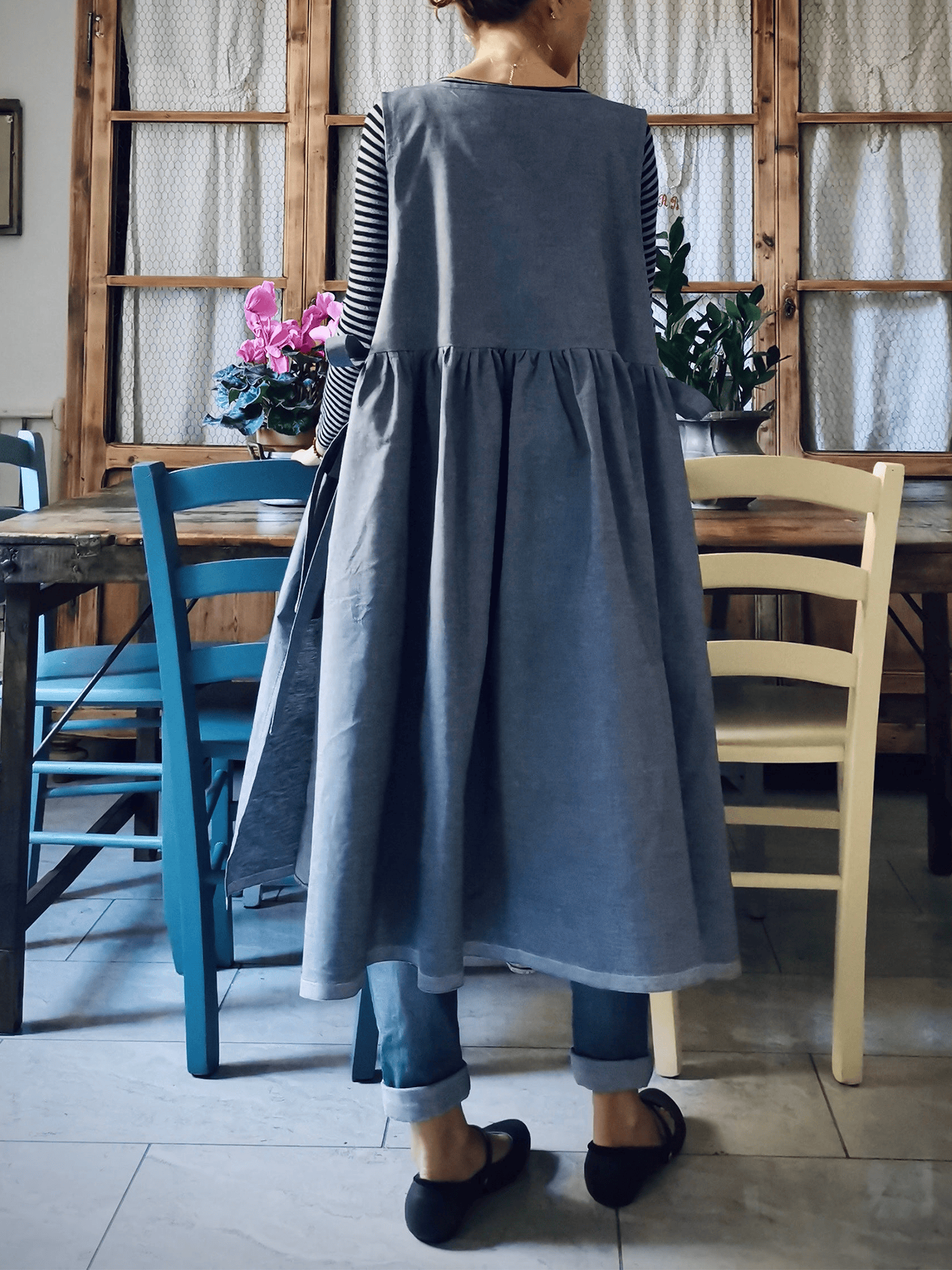 Blue Linen and Cotton Kitchen Apron