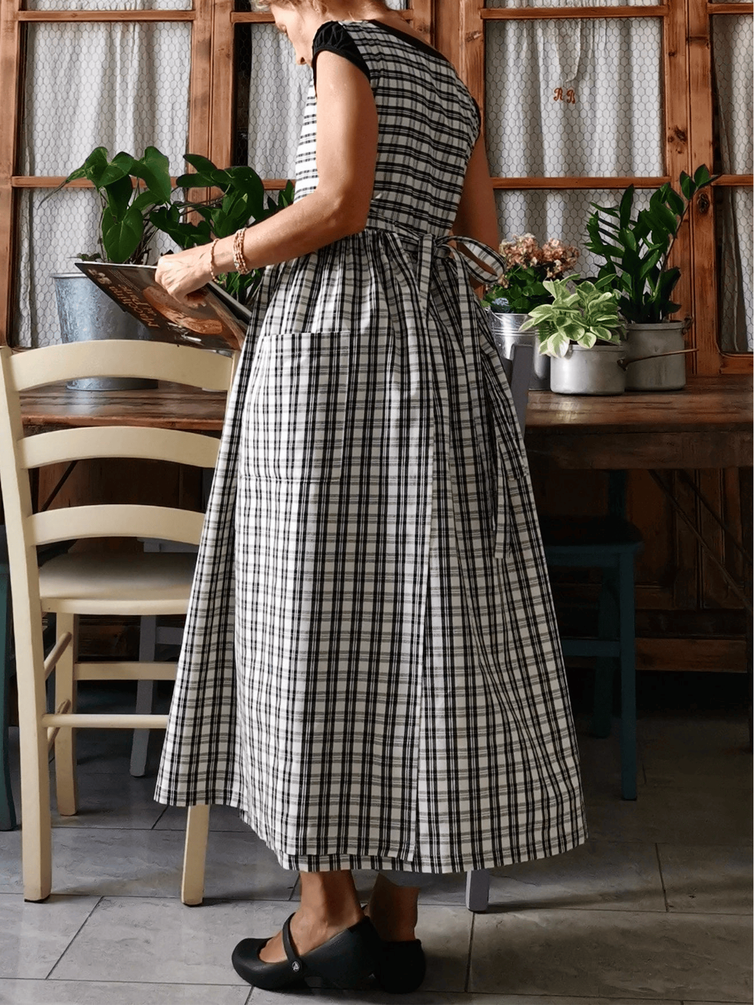 Black and Cream Tartan Check Cotton Apron