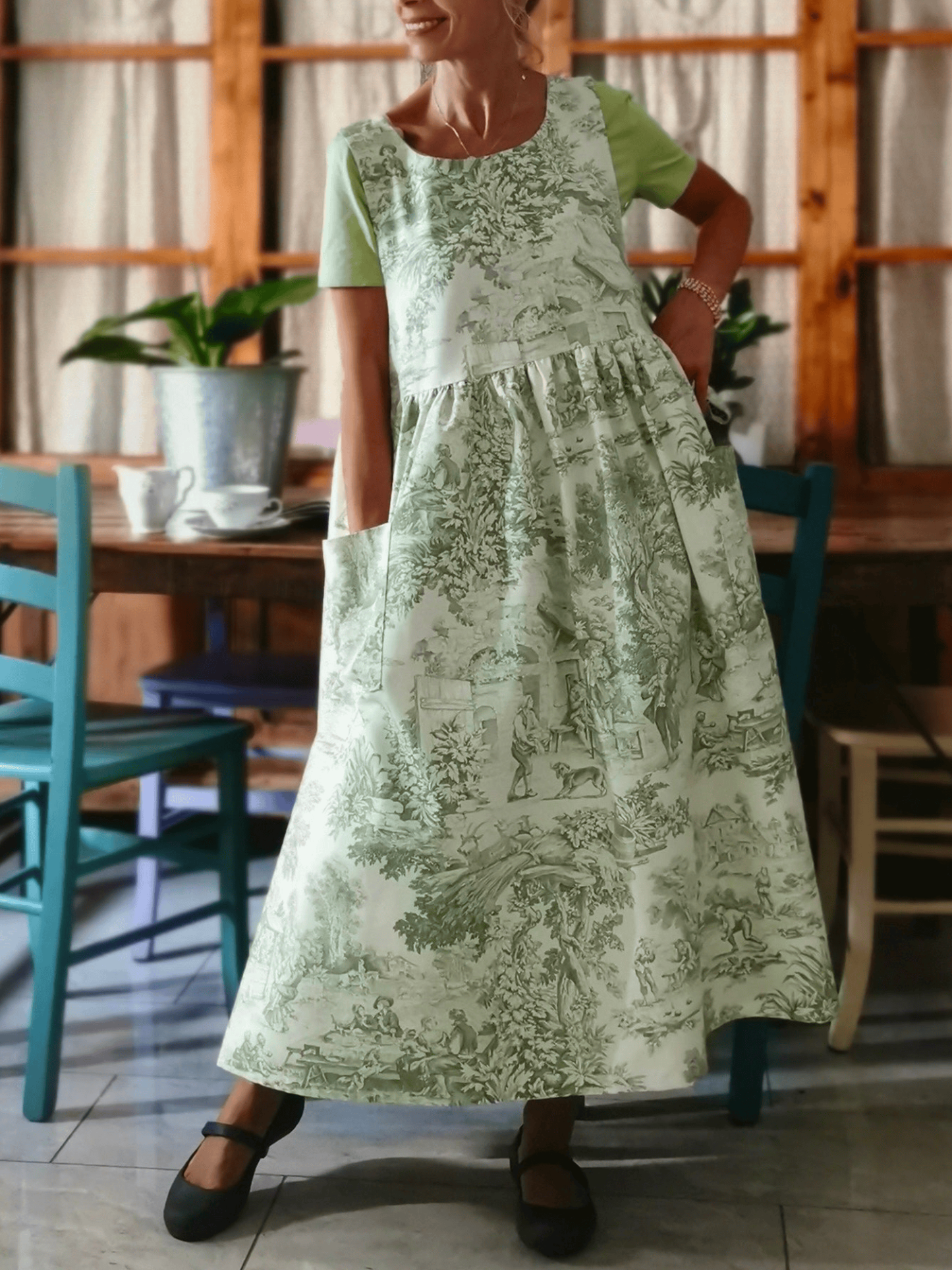 Vintage Toile de Jouy Green Long Apron with Pockets