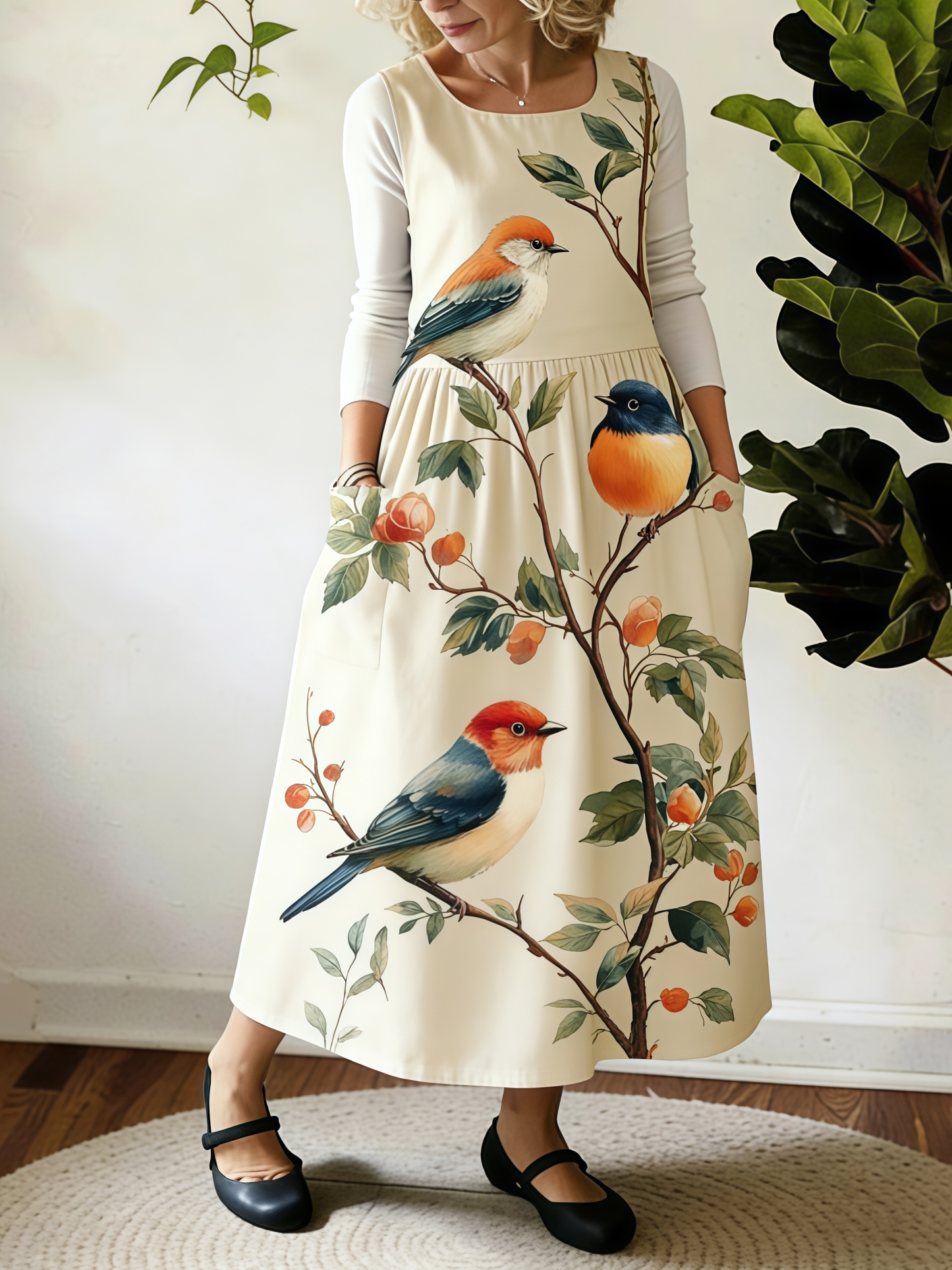 Perched Birds Natural Print Apron