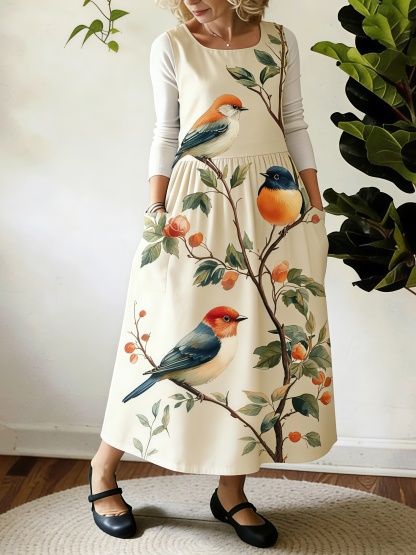 Perched Birds Natural Print Apron