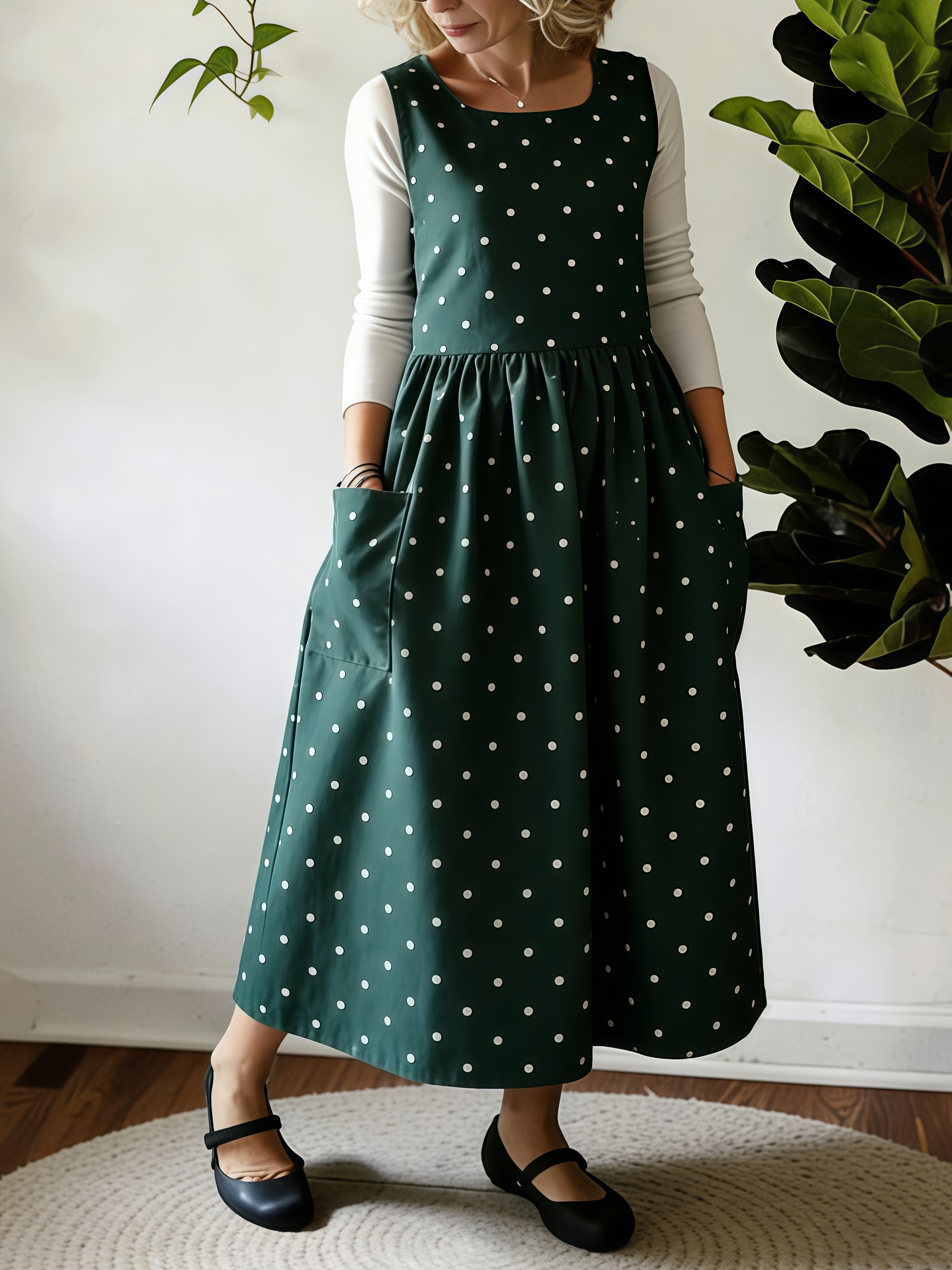 Vintage Dark Green White Polka Dot Long Apron