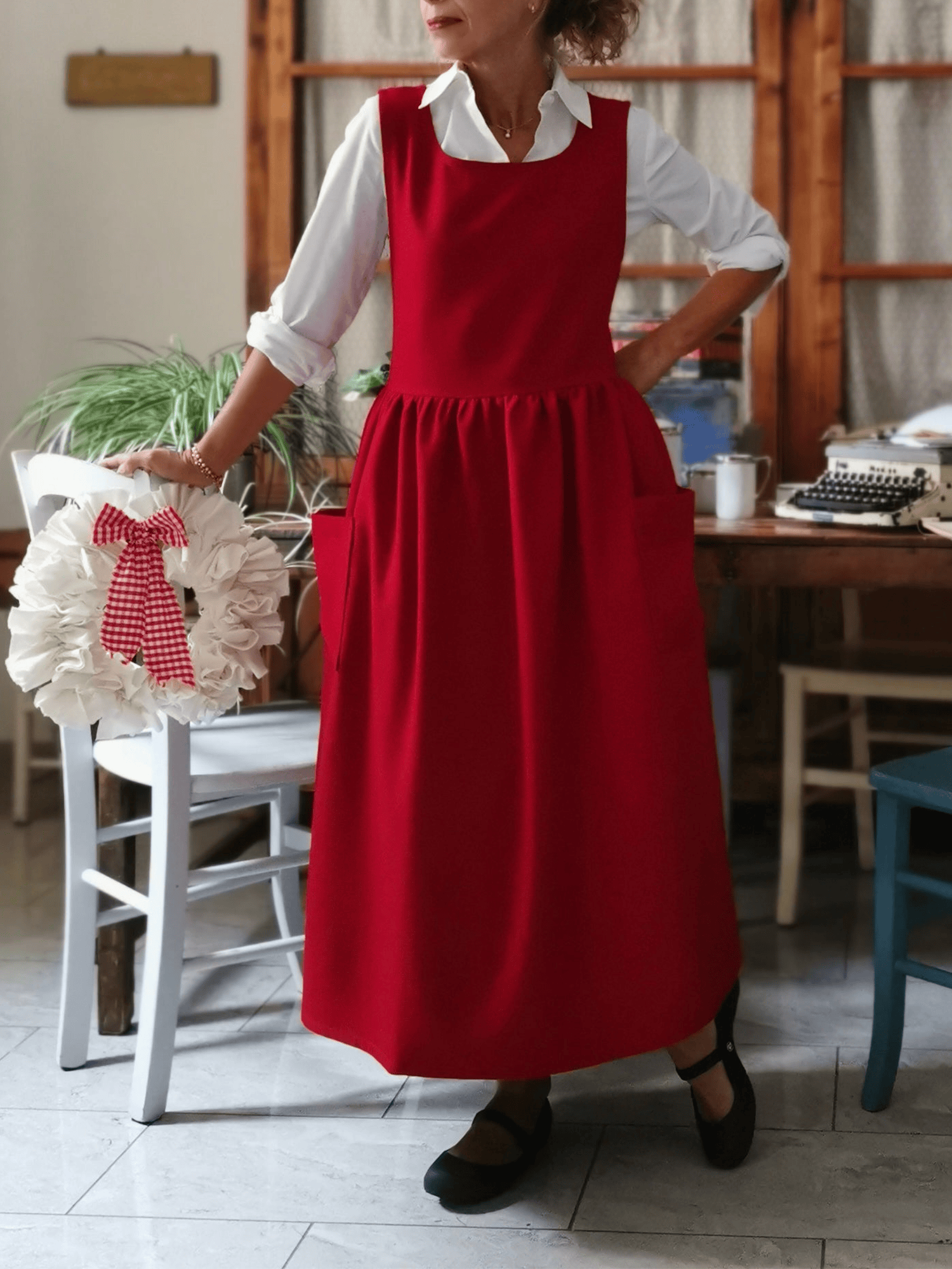 Vintage Red Apron with Pockets