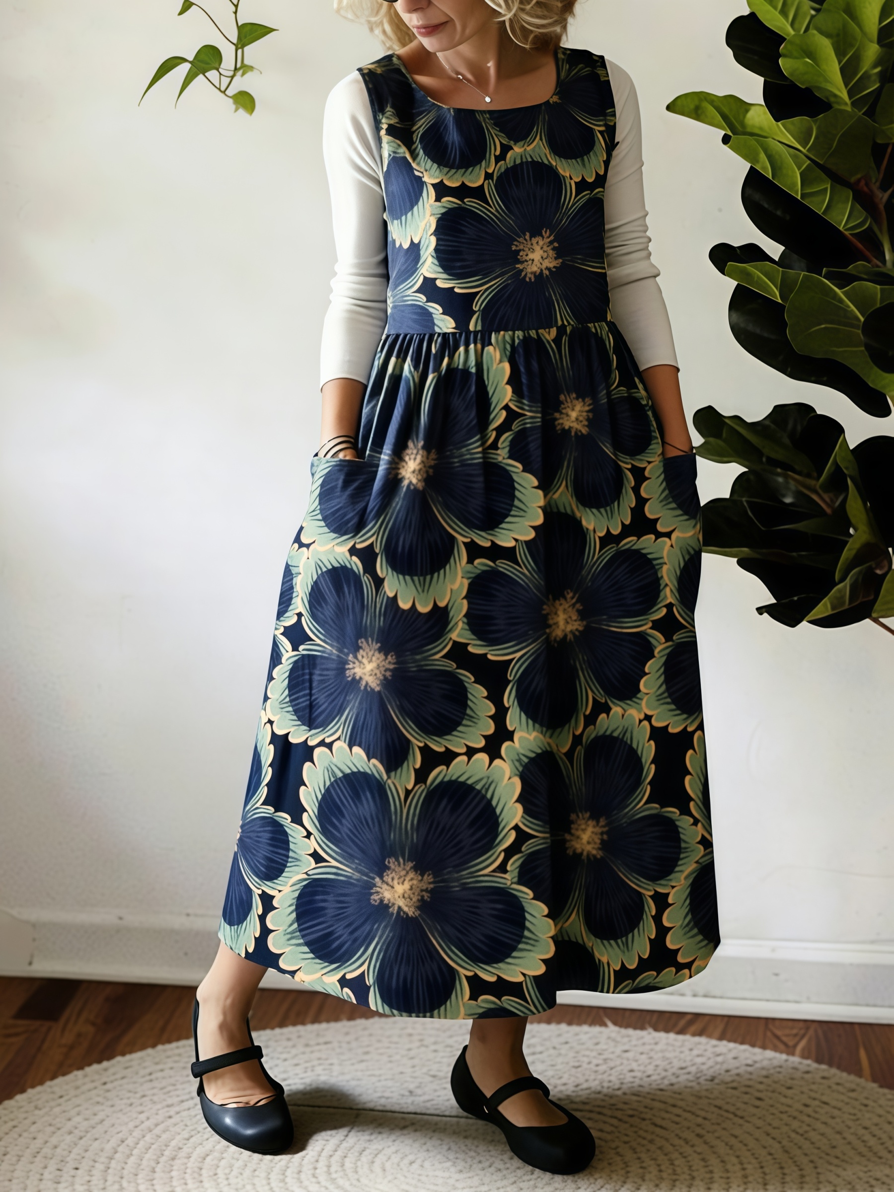 Vintage Navy Blue Large Flower Print Apron
