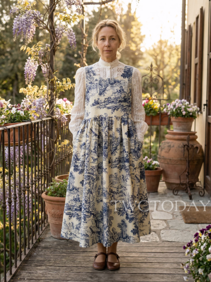 Vintage Blue & White Pastoral Landscape Print Long Apron