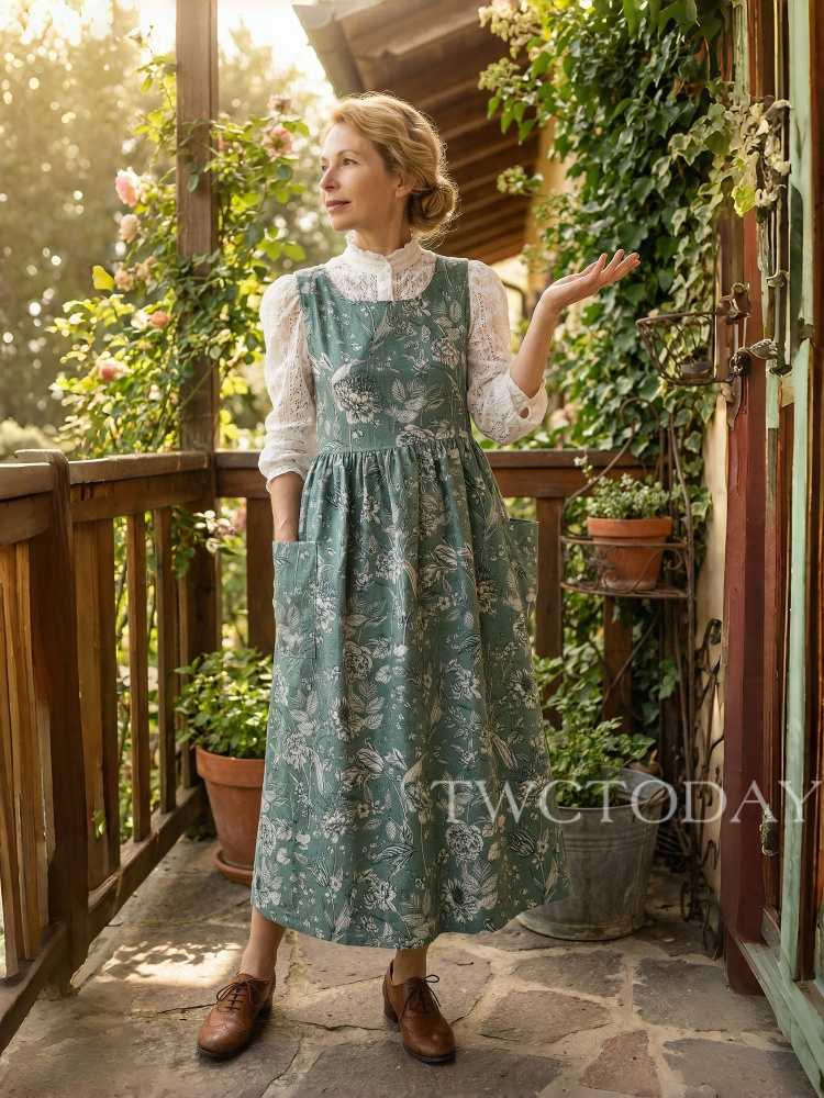 Vintage Grey Green Floral Print Long Apron with Pockets