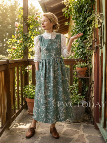 Vintage Grey Green Floral Print Long Apron with Pockets