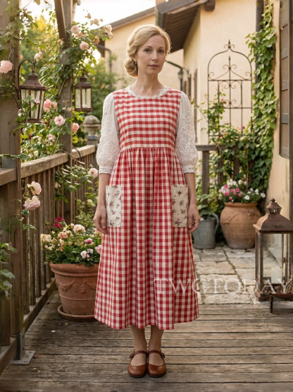 Vintage Red & White Plaid Long Apron with Floral Pockets