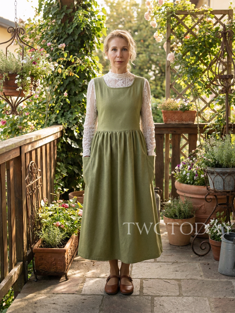 Vintage Olive Green Solid Long Apron