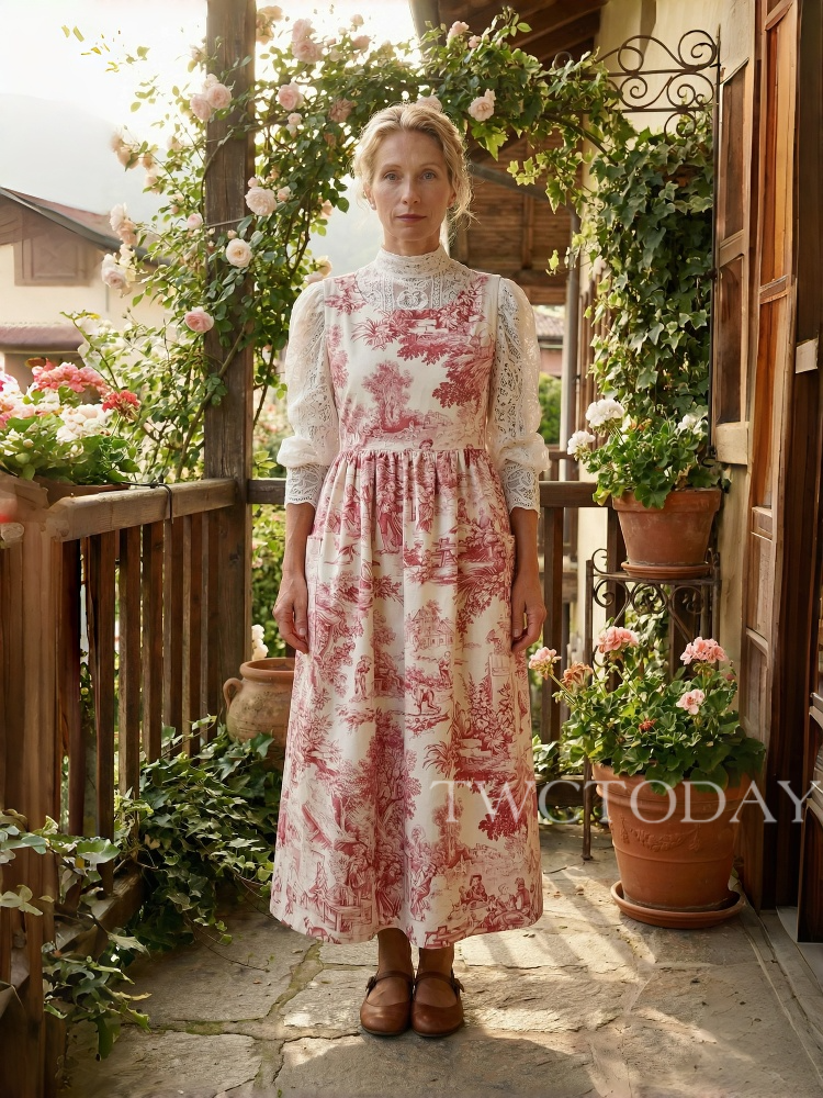 Vintage Crimson Pastoral Figure Print Long Apron