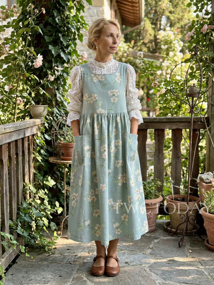 Vintage Light Mint Green White Blossom Branch Print Long Apron