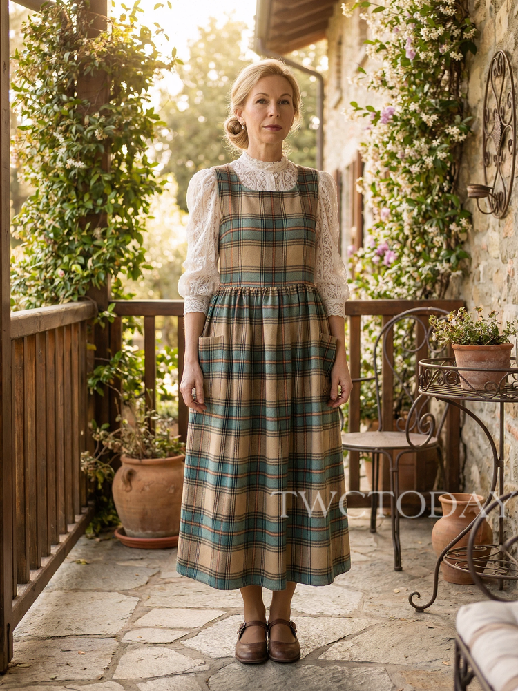 Vintage Light Khaki Blue & Brown Plaid Long Apron