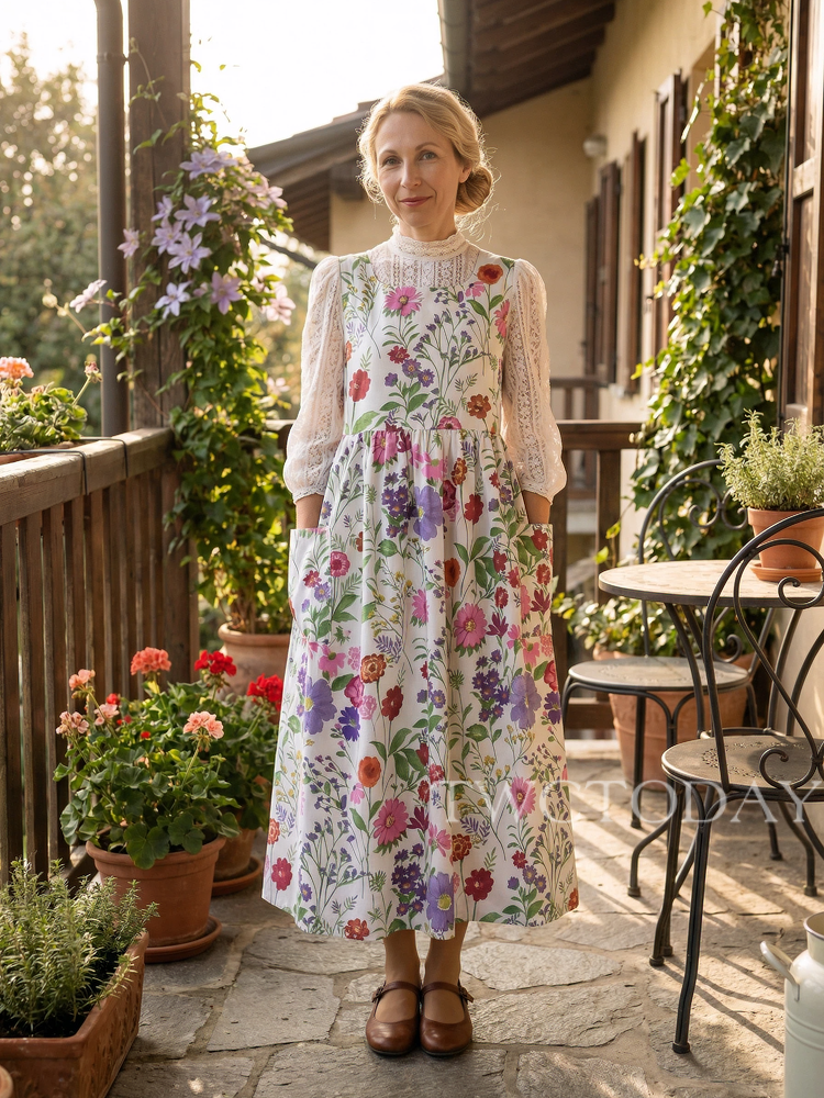 Vintage White Base Colorful Floral Print Long Apron