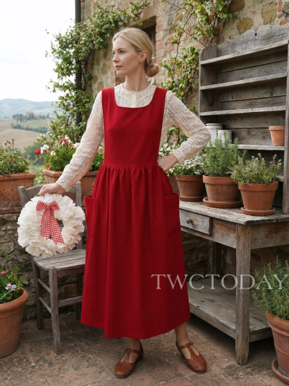 Vintage Red Apron with Pockets