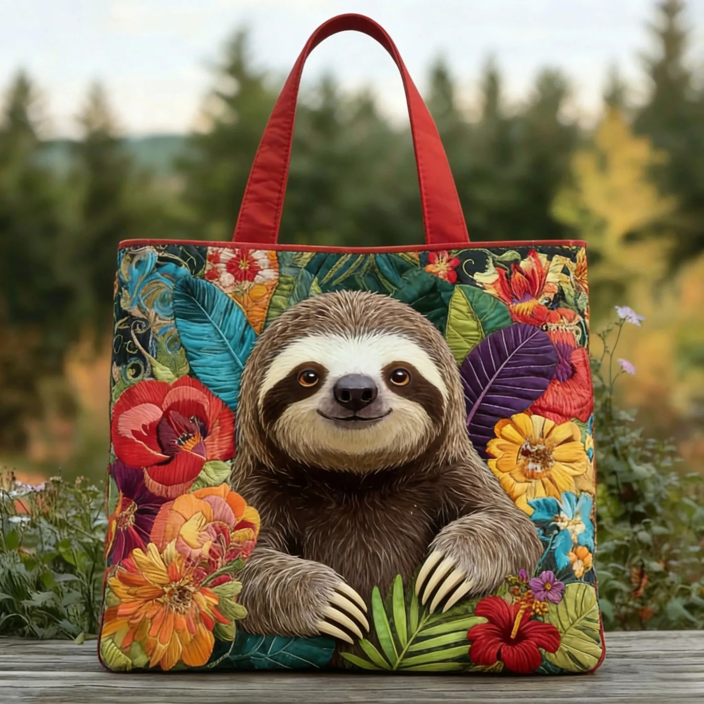 Plants And Sloth Quilted Tote Bag