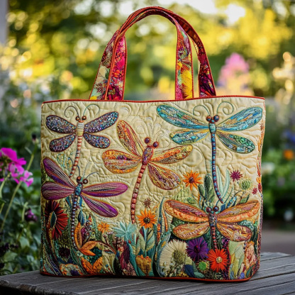 Colorful Dragonflies And Flowers Quilted Handbag