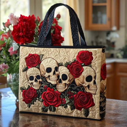 Skull and red rose quilted tote bag