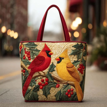 Snow Cardinal Quilted Tote Bag